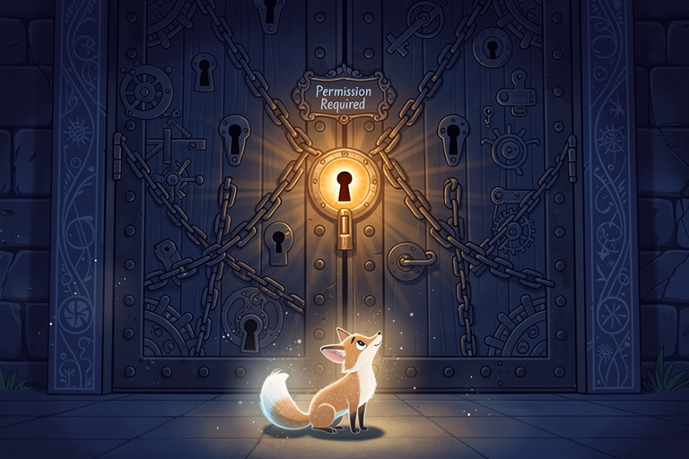 The underveil spirit fox sitting before a chained, locked door